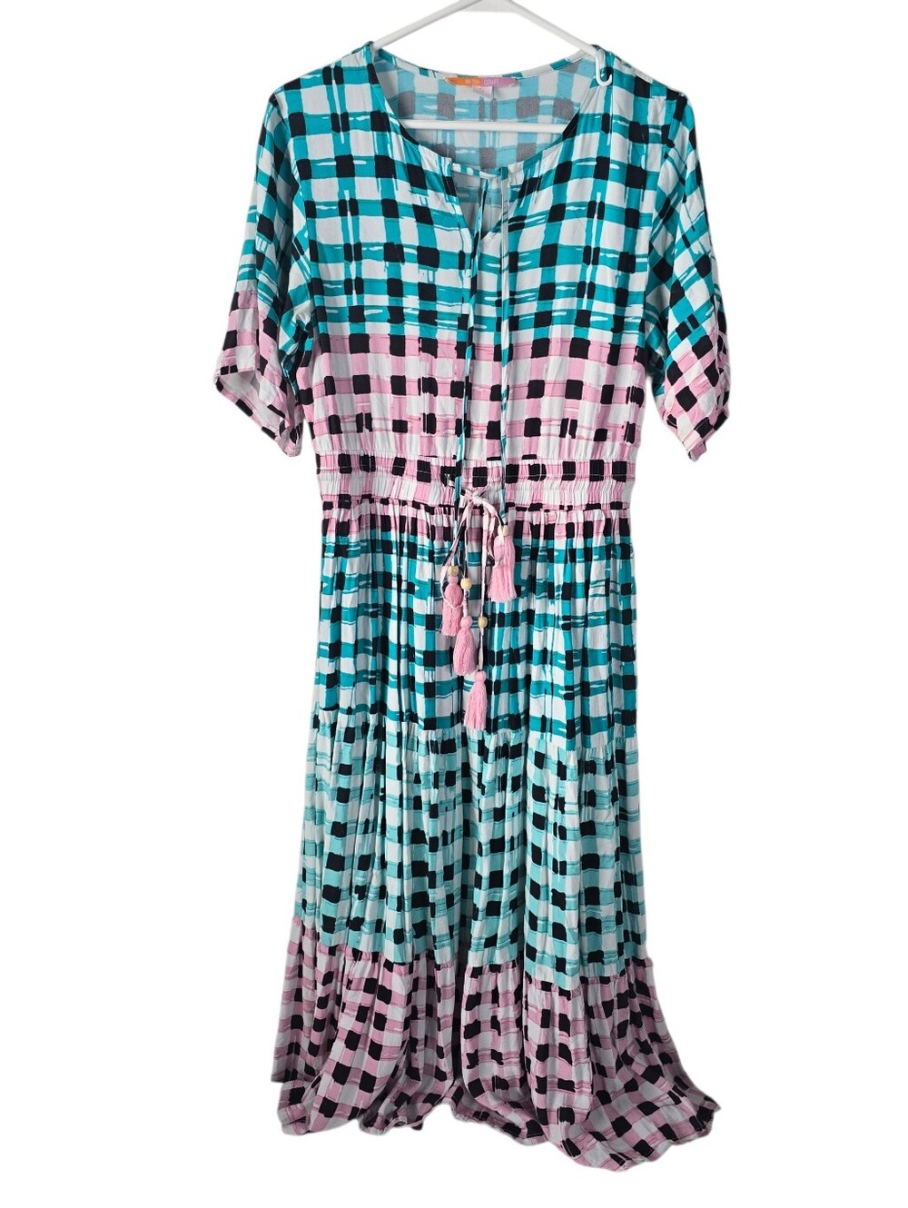 Briton Court Watercolor Plaid/Checker Print Tasseled Short Sleeve Midi Dress S